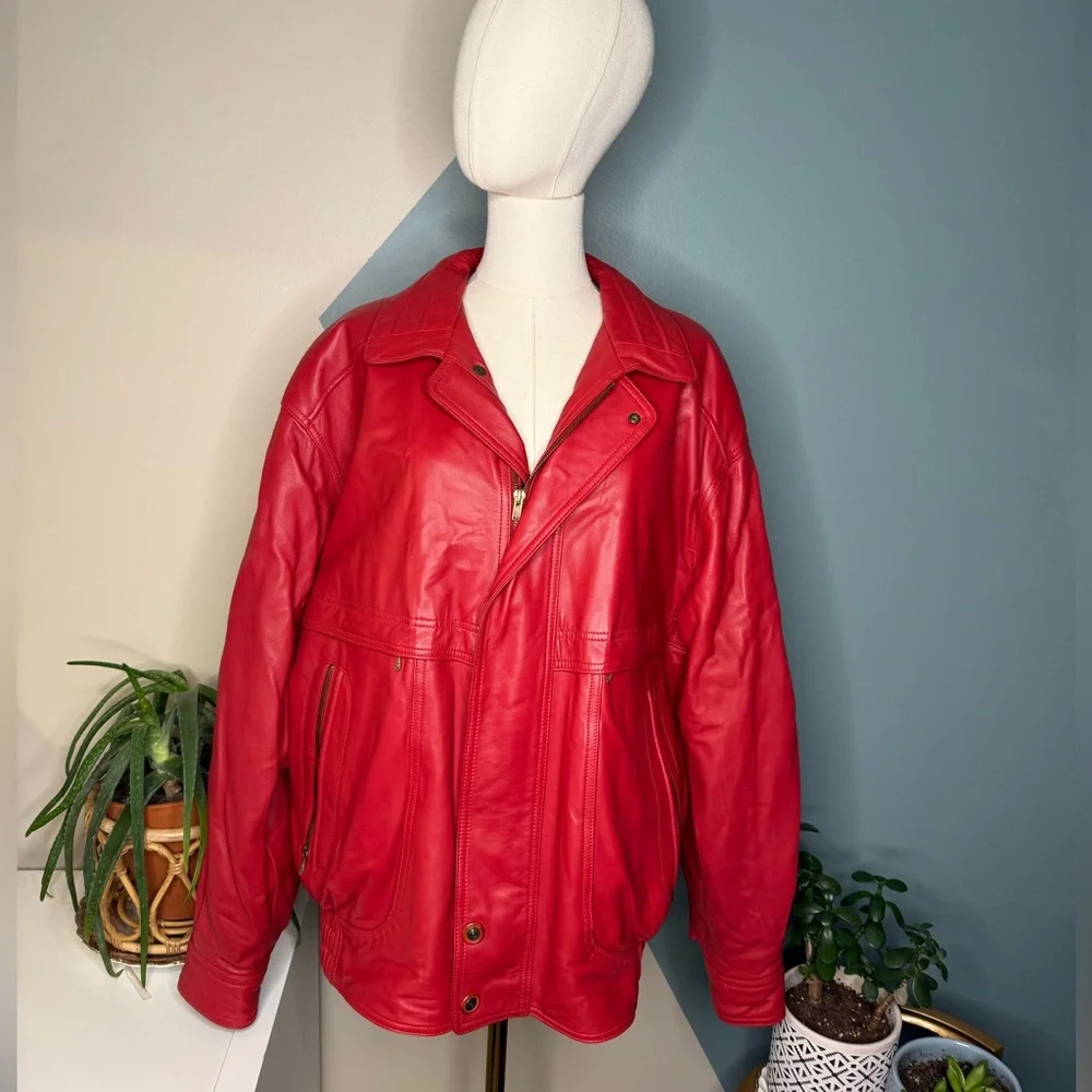 Vintage 90s Red Leather Bomber Jacket STRIWA Croatia SALMI Zip Oversized 40 - Picture 3 of 13